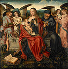 Attributed to the Master of Frankfurt, Holy Family with Music Making Angels, circa 1515, oil on panel, 156.2 cm × 155.9 cm (61.5 in × 61.4 in), Walker Art Gallery, Liverpool. This is the central panel of a triptych altarpiece. The two side panels depict two virgin martyrs, St Catherine and St Barbara (now in the Mauritshuis, The Hague).