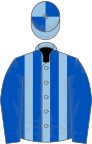 Light Blue and Royal Blue stripes, Royal Blue sleeves, quartered cap