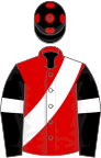 Red, white sash, black sleeves, white armlet, black cap, red spots