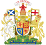 Coat of Arms (for use in Scotland): 1st and 4th Quarters: 3 Gold Lions on a Red Field, representing England; 2nd Quarter: A Red Lion on a Yellow Field, surrounded by a red double royal tressure flory counter-flory device, representing Scotland; 3rd Quarter: Gold Harp on a Dark Blue Field, representing Northern Ireland