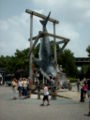 The Jaws shark suspended on display outside the entrance to the Jaws attraction in Univeral Studios Florida