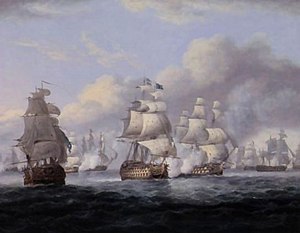 A naval battle. Three ships sail in the foreground, one billowing gunsmoke. Five more ships lie in the backgroumd. There is a rough sea and a sky with large clouds.