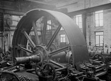 Flywheel for a large textile mill engine 1900, set up to machine grooves for the rope drives simultaneously. The saddle with two tool posts to the front. The wheel is rotated by two pinions driving via the cast-in barring gear teeth in the flywheel rim. Temporary wedges are securing the spokes to the hub of the wheel. A travelling crane behind and above.[78][118]