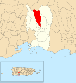 Location of Jaguas within the municipality of Peñuelas shown in red