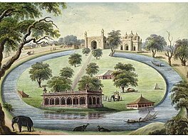 A painting showing Motijhil Lake and the structures that it surrounds
