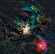 The Rho Ophiuchi cloud complex with its main dark nebula Lynds 1688, speckled with its pinkish young stellar objects, just left to HD 147889 surrounded by IC 4603 as the bright area at the center. The red area called Sh2-9 has Sigma Scorpii at its center, and Antares is just outside the picture at the bottom.
