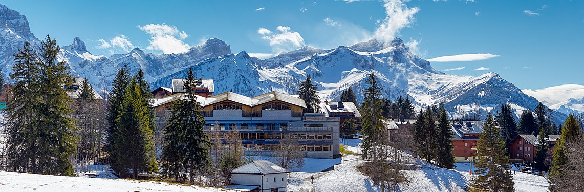 Villars-sur-Ollon (Switzerland) Primary School With Mountain Panorama. The school features a back-to-back sports center as well as skiing and sledging slopes.