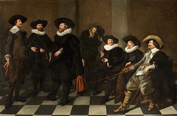 Regents of the city orphanage, 1633, by Abraham de Vries; shows Nicolaes pointing his major's staff at an orphan while leaning over the back of a chair