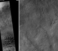 高分辨率成像科学设备显示的波罗的斯克陨击坑坑底，比例尺长1000米，在左侧图像底部可看到黑色的沙丘。