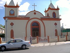 The Guayanilla Catholic Church is seen standing before its destruction by an earthquake in 2020