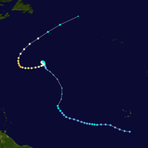A map plotting the track and intensity of Hurricane Lee at 6-hour intervals during its September 14–30, 2017, lifetime.