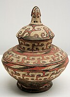 Colour-painted pottery pot from the Lower Xiajiadian culture, 2000-1500 BCE. Excavated from Dadianzi, Aohanqi, Inner Mongolia. Capital Museum, Beijing