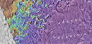 显示波罗的斯克陨击坑及附近其它特征位置的地形图。