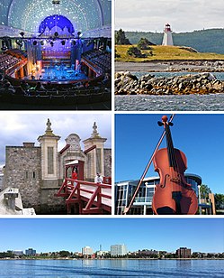 From top, left to right: Highland Arts Theatre, Gabarus Light House, gate at Fortress of Louisbourg, Big Fiddle, Sydney waterfront