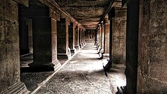 Temple corridor of the Pataleshwar cave temple, built during the Rashtrakuta Empire.