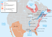 map showing the European colonies that became the USA. It shows the Spanish, French and British colonies.