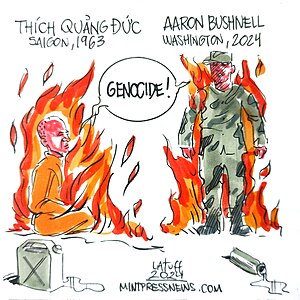 Self-immolation of Thich Quang Duc and Aaron Bushnell cartoon by Latuff (2024)