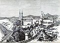 The Prémontrés convent surrounded by troops positioned on the ridges. Drawing from L'Illustration.