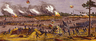 Colored print shows soldiers carrying the US flag charging toward an objective on the horizon.