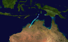 A map depicting the track of Tropical Cyclone Blanche in early March 2017, with intensities colored according to the corresponding category on the Saffir-Simpson scale