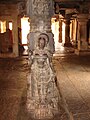 Ornate pillar in the large open mantapa is a Vijayanagara era addition to the Bhoga Nandeeshvara temple complex