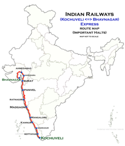 (Kochuveli–Bhavnagar) Express route map