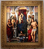 弗朗切斯科·弗朗西亞的《寶座上的聖母子與聖人們》（Madonna in trono e santi），189 × 164cm，約作於1490年。[16]