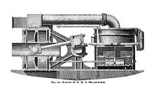 Cutaway view of trunk engine of HMS Bellerophon, showing (on the left) engine cylinder, annular piston and trunk assembly, and connecting rod inside trunk