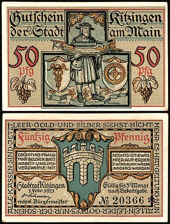 图为一张面值50芬尼的紧急纸币，当中可看到造船匠与船模型。该纸币由海因茨·席斯特设计，由德国基青根城于1921年印发。
