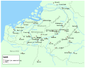 Image 10Southern part of the Low Countries with bishopry towns and abbeys c. 7th century. Abbeys were the onset to larger villages and even some towns to reshape the landscape. (from History of Belgium)