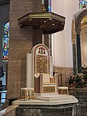 Restored cathedra with the coat of arms of Cardinal Jose Advincula in April 2023