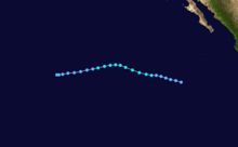 A track map of a tropical storm over the Eastern Pacific Ocean; the system initially moves west-northwestward before turning to the west-southwest midway through its life