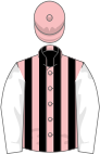 Pink and black stripes, white sleeves, pink cap