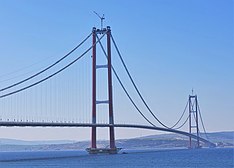 The Çanakkale 1915 Bridge on the Dardanelles strait, connecting Europe and Asia, is the longest suspension bridge in the world.[293]