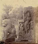 Photograph titled, "Portion of a lion capital and a statue of Ganga, from Beshnagar, Bhopal State," Date of sculptures: Gupta Period, 5th or 6th century CE. Photographer: Beglar, Joseph David. Date of photograph: 1875. The sculpture on the right shows the goddess Ganga (Ganges) on her mount, the Makara, a mythical crocodile or aquatic creature.