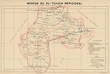 1889年巴黎外方傳教會繪製的四川南境傳教圖。嘉定於地圖中拼寫為「Kia-tin-fou」（嘉定府），雅州為「Ya-tcheou-fou」（雅州府）。