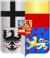 Arms of William VI of Orange as prince of Orange-Nassau-Fulda. The bottom most shield shows clockwise from top left the principality of Fulda, the lordship of Corvey, the county of Weingarten, and the lordship of Dortmund.[56]