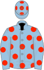 Light blue, scarlet spots, light blue cap