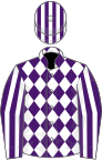 Purple and white diamonds, striped sleeves and cap