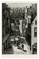 Edgar Alfred Baes, Un jour de fête au quartier St. André à Anvers, drypoint, 1873