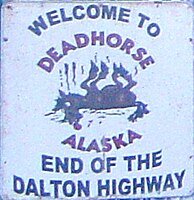 The northern end of the Pan-American Highway at Deadhorse, Alaska, USA