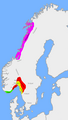 Norwegian petty kingdoms c. 820 AD at the death of Gudrød the Hunter. Major kingdoms: Vestfold (red), Hålogaland (purple), Alvheim (yellow) Agder (green).