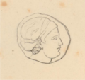 Drawing of a Mytilenean coin with a head, supposedly Sappho, on the obverse, and a lyre on the reverse.[40]