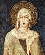 Detail depicting Saint Clare from a fresco (1312–1320) by Simone Martini in the Lower basilica of San Francesco, Assisi