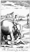 A black and white drawing of an elephant stepping onto a prisoner, labelled "An Execution by an Elephant"