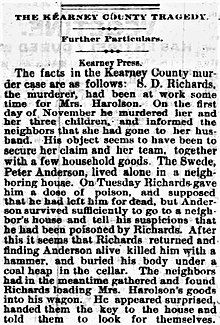 A scanned print of an article published in The Nebraska State Journal reporting the Harlson family and Anderson's murders