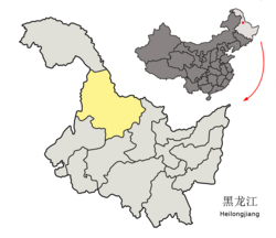 Location of Heihe City (yellow) in Heilongjiang (light grey)