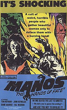 The film poster shows a gripping hand in the foreground, and a flame between a woman on the left and apparently the same woman on the left. The top of the poster has the word "shocking" in large letters.