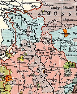 Myllendonk is shown in green to the left of the centre, north-east of the yellow Lordship of Wickrath.