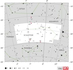 Diagram showing star positions and boundaries of the Sculptor constellation and its surroundings